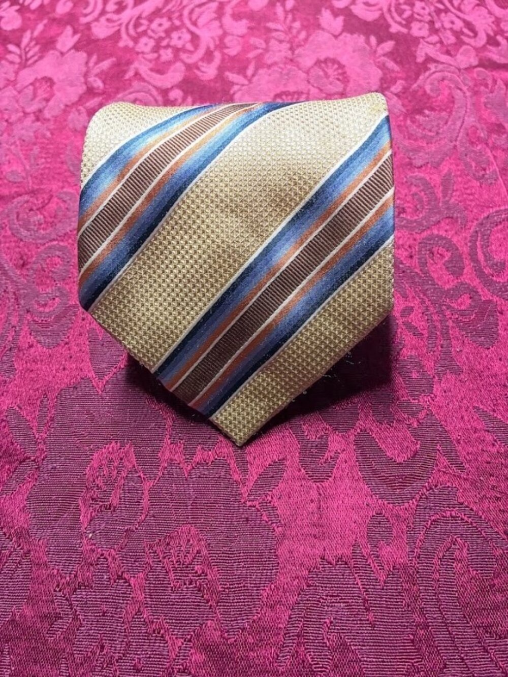 HENRY JACOBSON Gold, Blue, and Copper Diagonal Stripe 100% Silk Tie